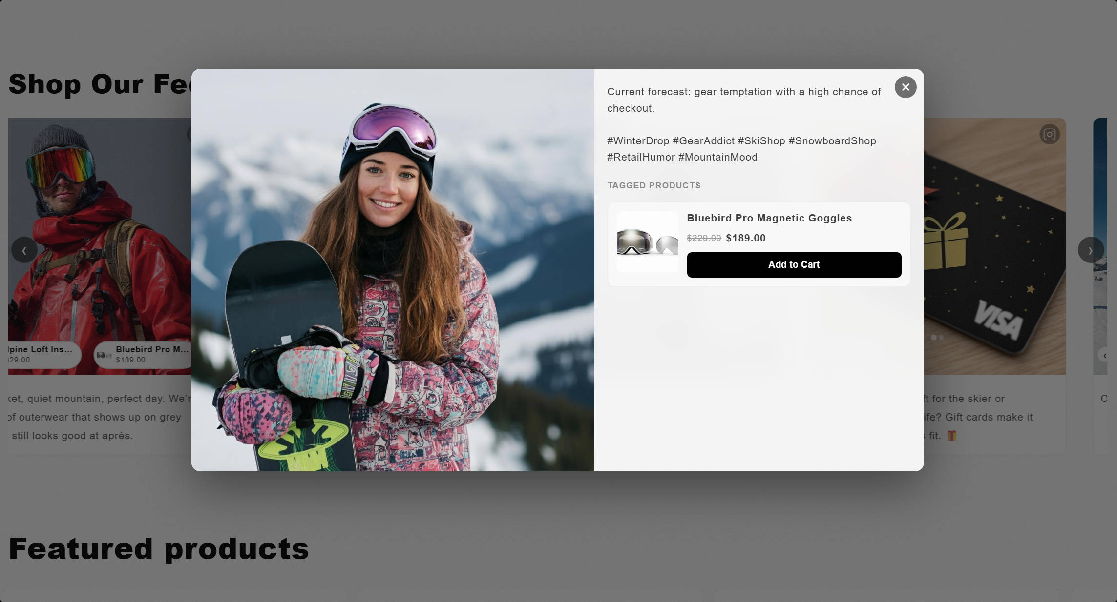 Shoppable Instagram feed modal with tagged products and Add to Cart