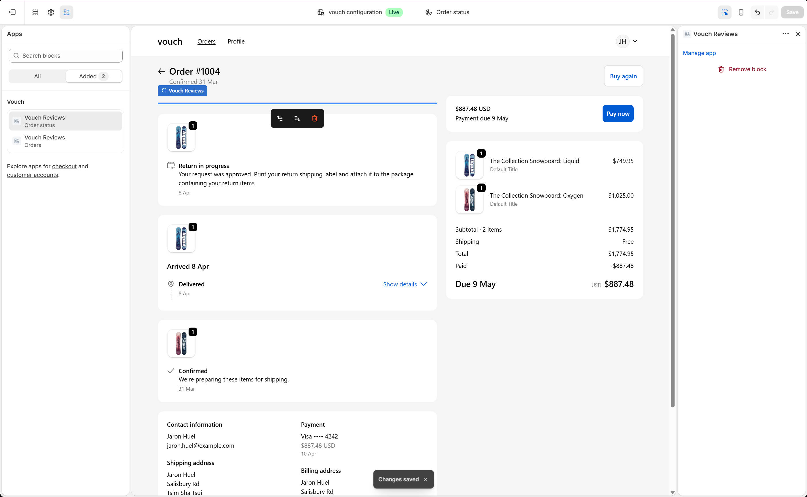 Vouch Reviews customer account extension showing order status