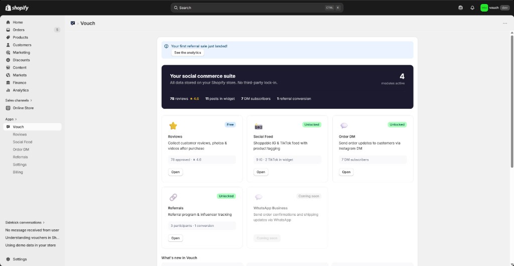 Vouch admin dashboard — social commerce suite home