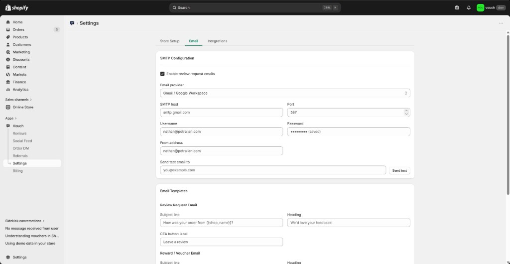 Email and integrations settings in Vouch admin