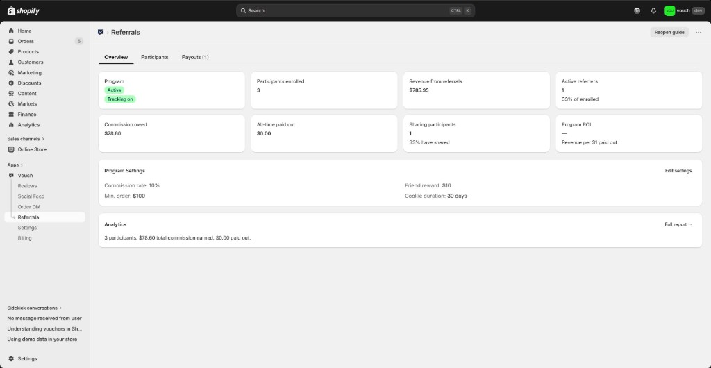 Referrals program settings in Vouch admin