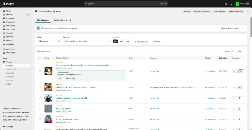 Reviews moderation queue in Vouch admin